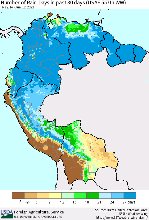 Northern South America Number of Rain Days in past 30 days (USAF 557th WW) 06/12/2022 Thematic Map For 6/6/2022 - 6/12/2022
