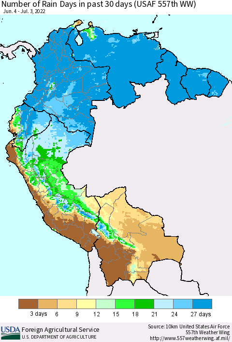 Northern South America Number of Rain Days in past 30 days (USAF 557th WW) 07/03/2022 Thematic Map For 6/27/2022 - 7/3/2022