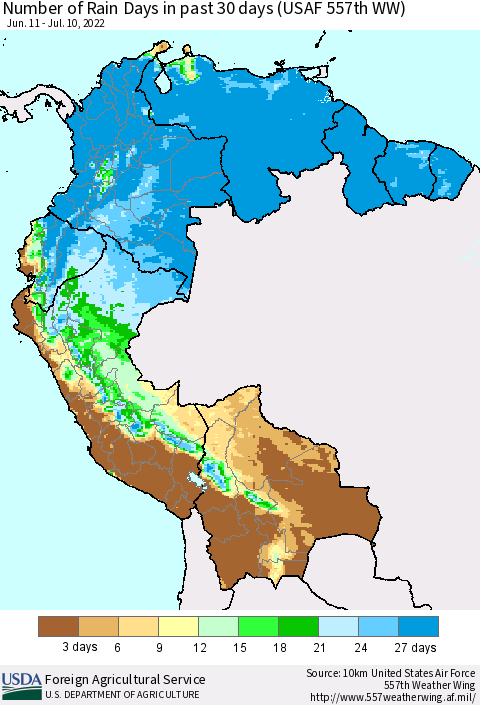 Northern South America Number of Rain Days in past 30 days (USAF 557th WW) 07/10/2022 Thematic Map For 7/4/2022 - 7/10/2022