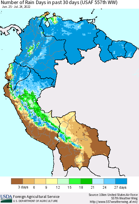 Northern South America Number of Rain Days in past 30 days (USAF 557th WW) 07/24/2022 Thematic Map For 7/18/2022 - 7/24/2022