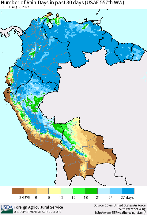 Northern South America Number of Rain Days in past 30 days (USAF 557th WW) 08/07/2022 Thematic Map For 8/1/2022 - 8/7/2022
