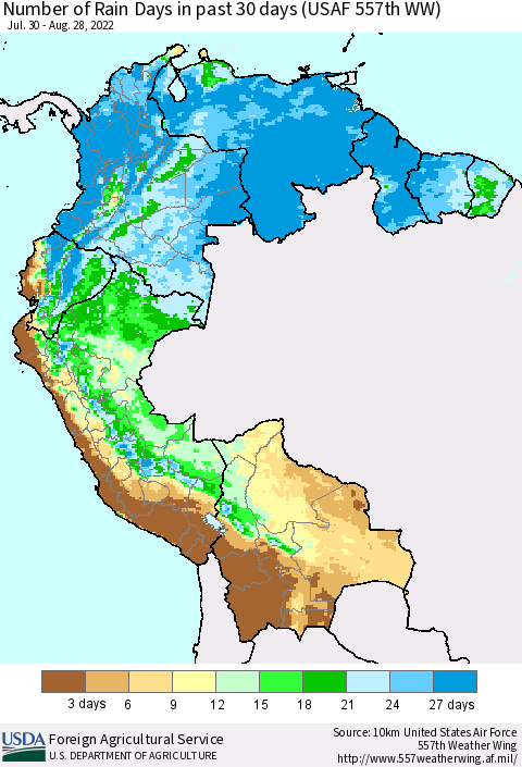 Northern South America Number of Rain Days in past 30 days (USAF 557th WW) 08/28/2022 Thematic Map For 8/22/2022 - 8/28/2022