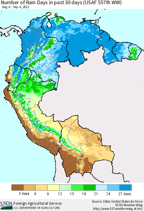 Northern South America Number of Rain Days in past 30 days (USAF 557th WW) 09/04/2022 Thematic Map For 8/29/2022 - 9/4/2022
