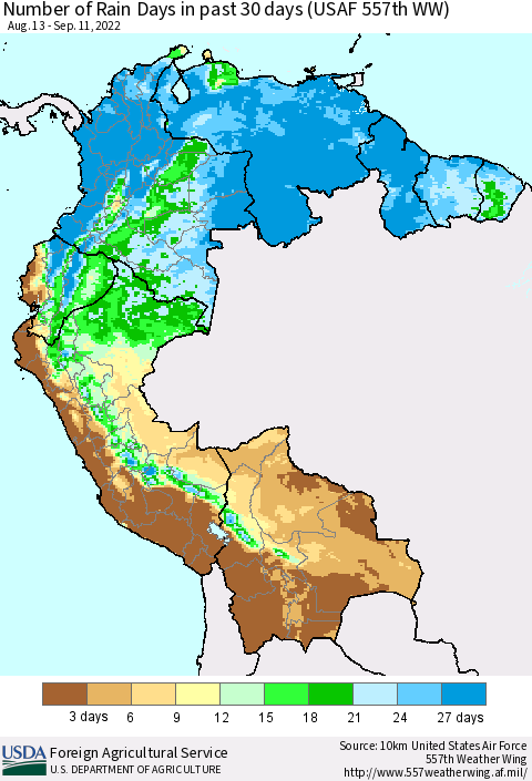 Northern South America Number of Rain Days in past 30 days (USAF 557th WW) 09/11/2022 Thematic Map For 9/5/2022 - 9/11/2022