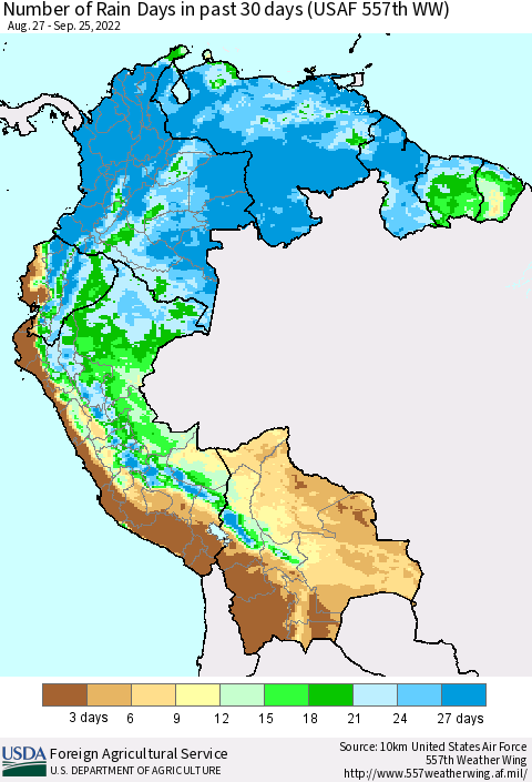 Northern South America Number of Rain Days in past 30 days (USAF 557th WW) 09/25/2022 Thematic Map For 9/19/2022 - 9/25/2022