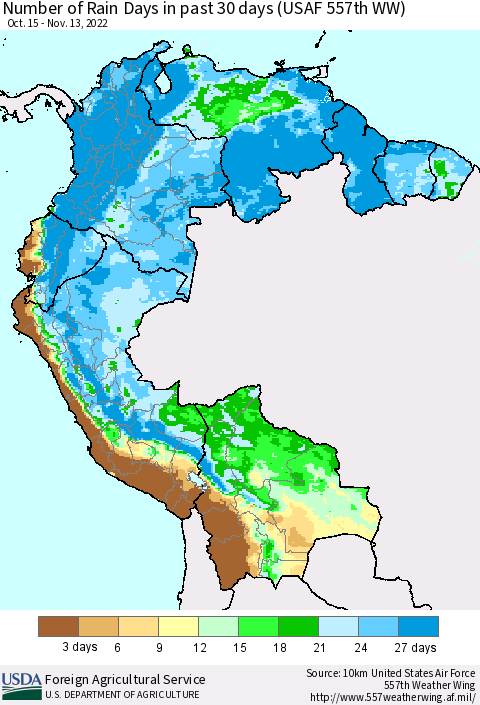 Northern South America Number of Rain Days in past 30 days (USAF 557th WW) 11/13/2022 Thematic Map For 11/7/2022 - 11/13/2022