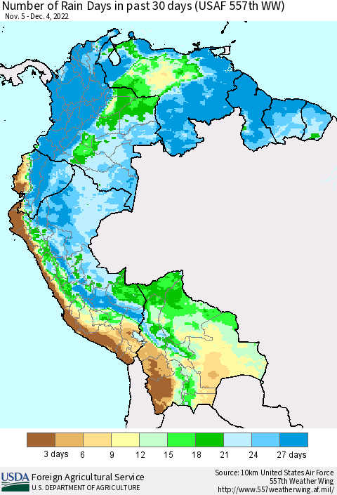 Northern South America Number of Rain Days in past 30 days (USAF 557th WW) 12/04/2022 Thematic Map For 11/28/2022 - 12/4/2022