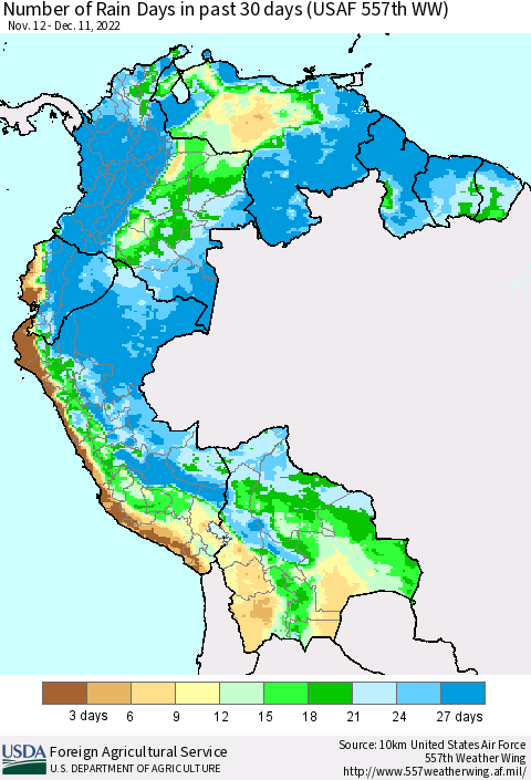 Northern South America Number of Rain Days in past 30 days (USAF 557th WW) 12/11/2022 Thematic Map For 12/5/2022 - 12/11/2022