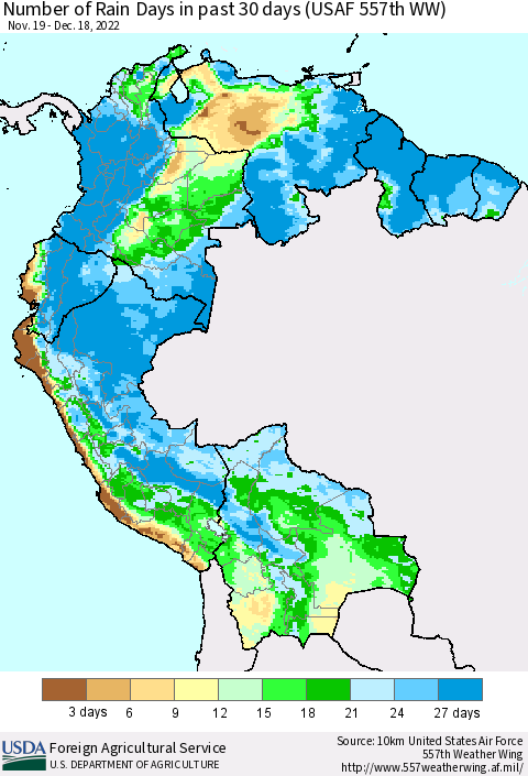 Northern South America Number of Rain Days in past 30 days (USAF 557th WW) 12/18/2022 Thematic Map For 12/12/2022 - 12/18/2022