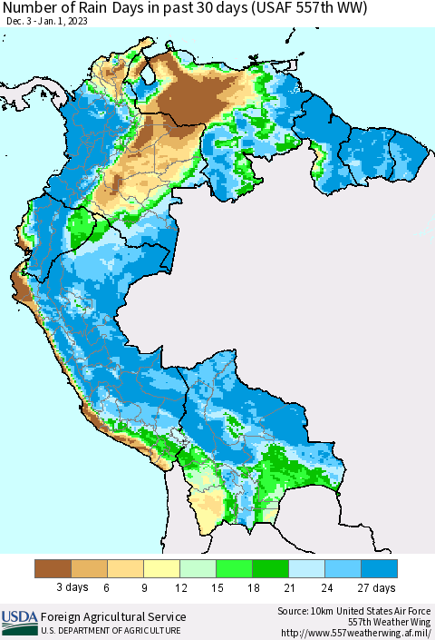 Northern South America Number of Rain Days in past 30 days (USAF 557th WW) 01/01/2023 Thematic Map For 12/26/2022 - 1/1/2023