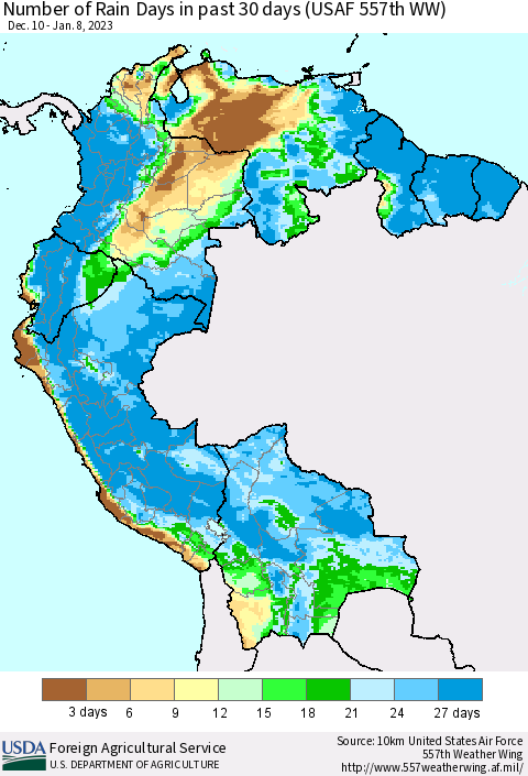 Northern South America Number of Rain Days in past 30 days (USAF 557th WW) 01/08/2023 Thematic Map For 1/2/2023 - 1/8/2023