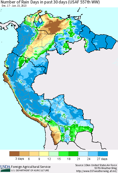 Northern South America Number of Rain Days in past 30 days (USAF 557th WW) 01/15/2023 Thematic Map For 1/9/2023 - 1/15/2023