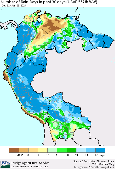 Northern South America Number of Rain Days in past 30 days (USAF 557th WW) 01/29/2023 Thematic Map For 1/23/2023 - 1/29/2023