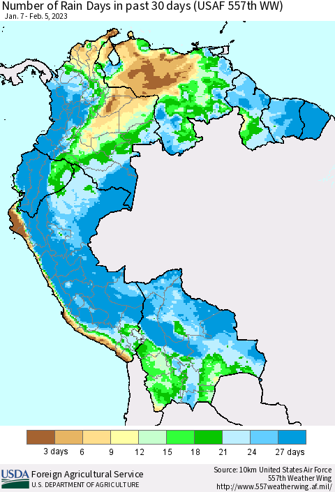 Northern South America Number of Rain Days in past 30 days (USAF 557th WW) 02/05/2023 Thematic Map For 1/30/2023 - 2/5/2023