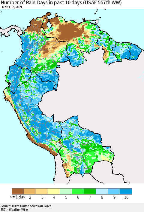 Northern South America Number of Rain Days in past 10 days (USAF 557th WW) Thematic Map For 3/1/2021 - 3/5/2021