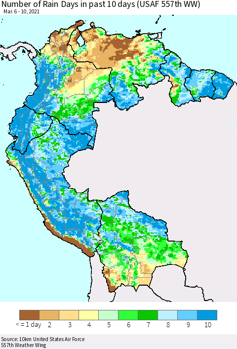 Northern South America Number of Rain Days in past 10 days (USAF 557th WW) Thematic Map For 3/6/2021 - 3/10/2021