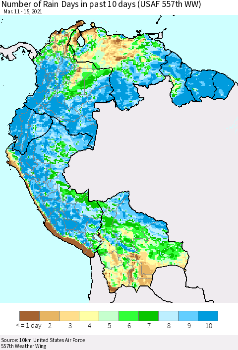Northern South America Number of Rain Days in past 10 days (USAF 557th WW) Thematic Map For 3/11/2021 - 3/15/2021