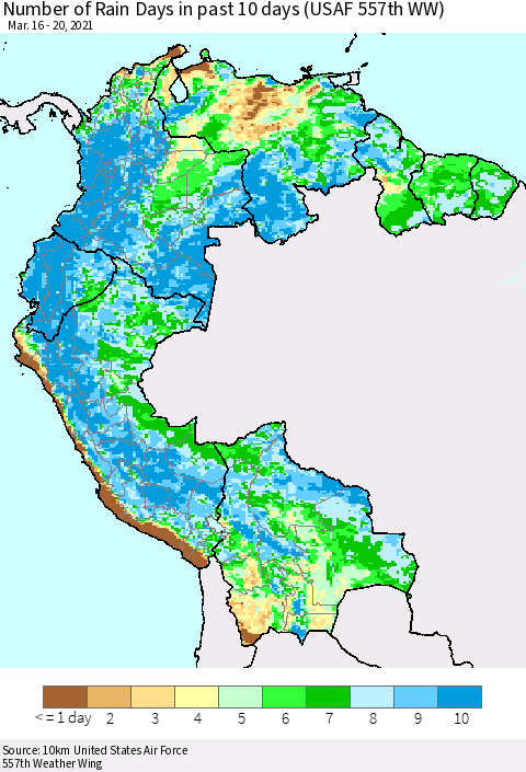 Northern South America Number of Rain Days in past 10 days (USAF 557th WW) Thematic Map For 3/16/2021 - 3/20/2021