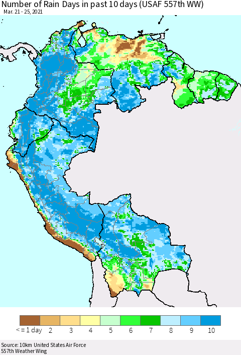 Northern South America Number of Rain Days in past 10 days (USAF 557th WW) Thematic Map For 3/21/2021 - 3/25/2021