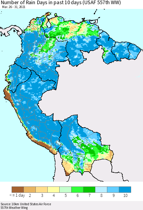 Northern South America Number of Rain Days in past 10 days (USAF 557th WW) Thematic Map For 3/26/2021 - 3/31/2021
