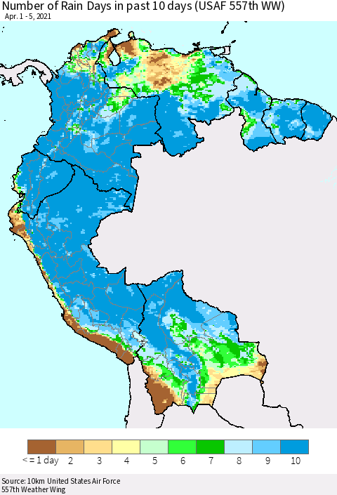 Northern South America Number of Rain Days in past 10 days (USAF 557th WW) Thematic Map For 4/1/2021 - 4/5/2021