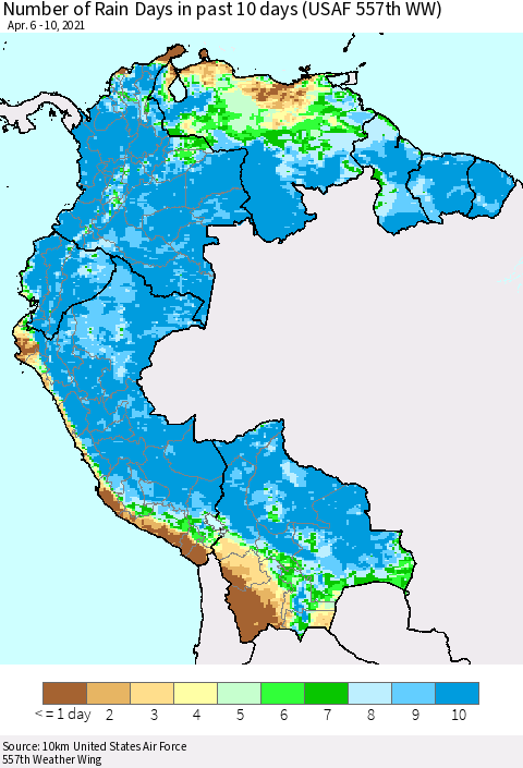 Northern South America Number of Rain Days in past 10 days (USAF 557th WW) Thematic Map For 4/6/2021 - 4/10/2021