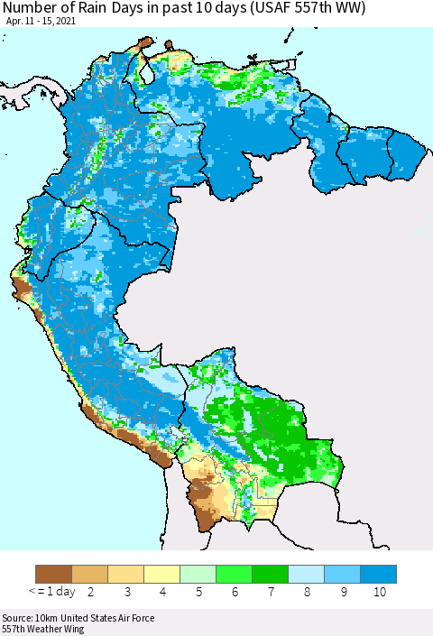 Northern South America Number of Rain Days in past 10 days (USAF 557th WW) Thematic Map For 4/11/2021 - 4/15/2021