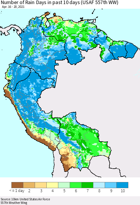 Northern South America Number of Rain Days in past 10 days (USAF 557th WW) Thematic Map For 4/16/2021 - 4/20/2021