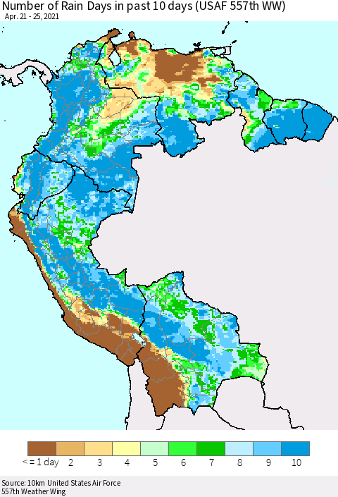 Northern South America Number of Rain Days in past 10 days (USAF 557th WW) Thematic Map For 4/21/2021 - 4/25/2021