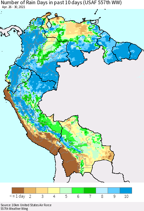 Northern South America Number of Rain Days in past 10 days (USAF 557th WW) Thematic Map For 4/26/2021 - 4/30/2021