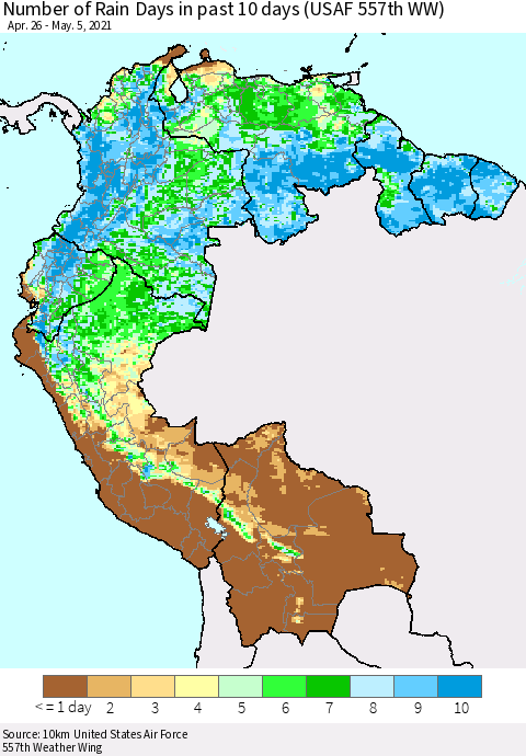 Northern South America Number of Rain Days in past 10 days (USAF 557th WW) Thematic Map For 5/1/2021 - 5/5/2021