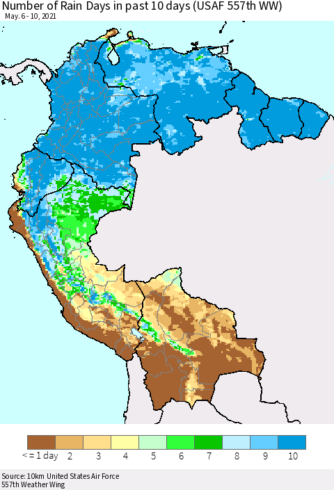Northern South America Number of Rain Days in past 10 days (USAF 557th WW) Thematic Map For 5/6/2021 - 5/10/2021