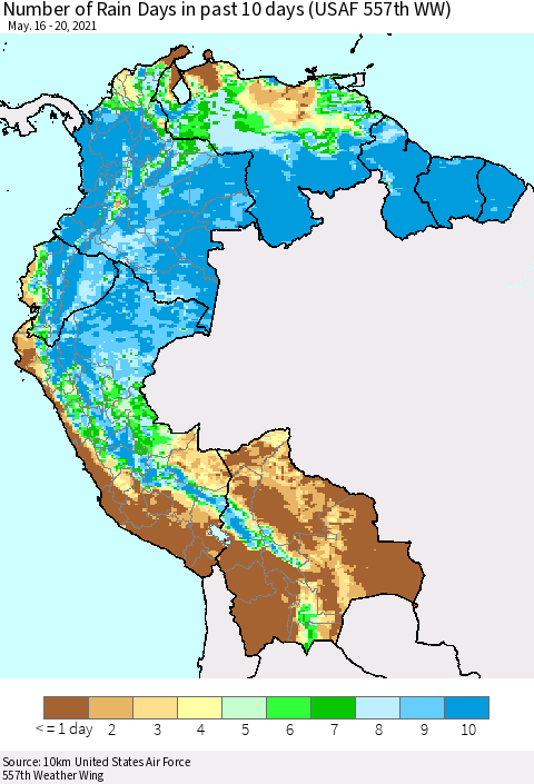 Northern South America Number of Rain Days in past 10 days (USAF 557th WW) Thematic Map For 5/16/2021 - 5/20/2021