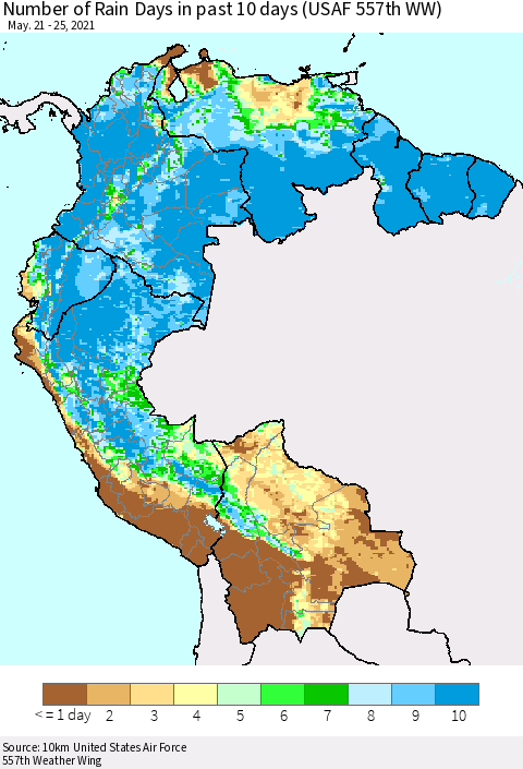Northern South America Number of Rain Days in past 10 days (USAF 557th WW) Thematic Map For 5/21/2021 - 5/25/2021