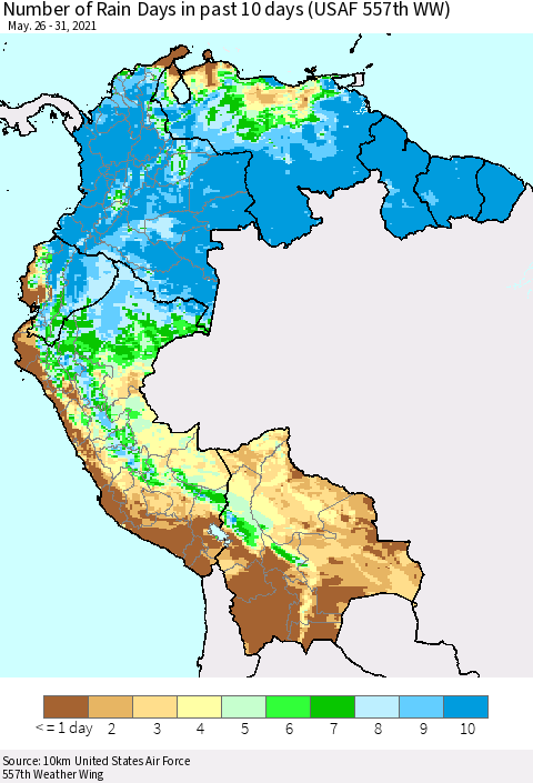 Northern South America Number of Rain Days in past 10 days (USAF 557th WW) Thematic Map For 5/26/2021 - 5/31/2021