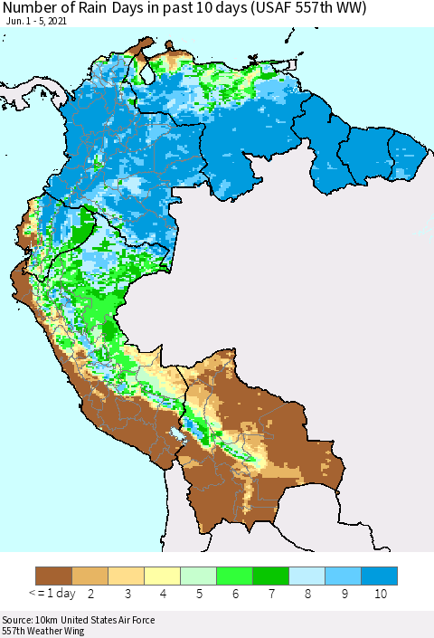 Northern South America Number of Rain Days in past 10 days (USAF 557th WW) Thematic Map For 6/1/2021 - 6/5/2021