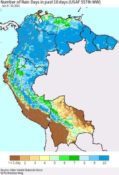 Northern South America Number of Rain Days in past 10 days (USAF 557th WW) Thematic Map For 6/6/2021 - 6/10/2021