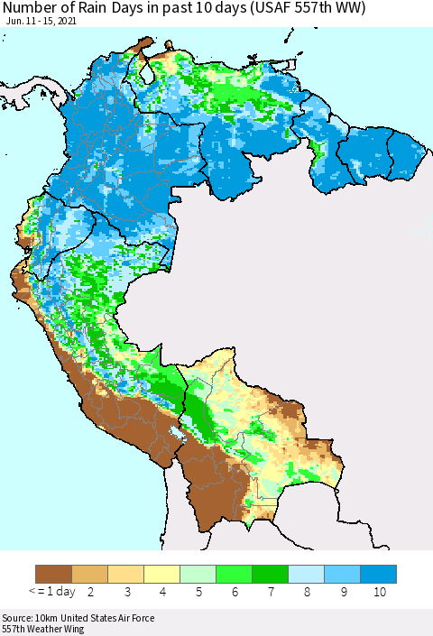 Northern South America Number of Rain Days in past 10 days (USAF 557th WW) Thematic Map For 6/11/2021 - 6/15/2021