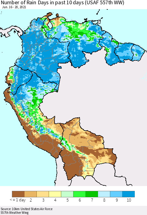 Northern South America Number of Rain Days in past 10 days (USAF 557th WW) Thematic Map For 6/16/2021 - 6/20/2021