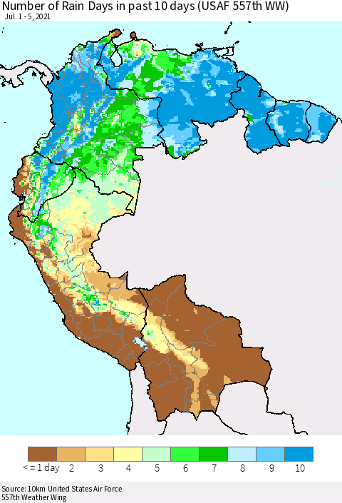 Northern South America Number of Rain Days in past 10 days (USAF 557th WW) Thematic Map For 7/1/2021 - 7/5/2021