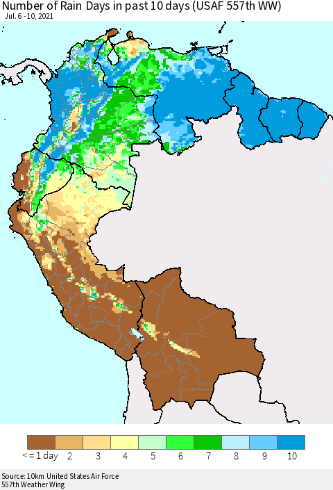 Northern South America Number of Rain Days in past 10 days (USAF 557th WW) Thematic Map For 7/6/2021 - 7/10/2021
