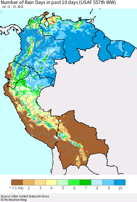 Northern South America Number of Rain Days in past 10 days (USAF 557th WW) Thematic Map For 7/11/2021 - 7/15/2021
