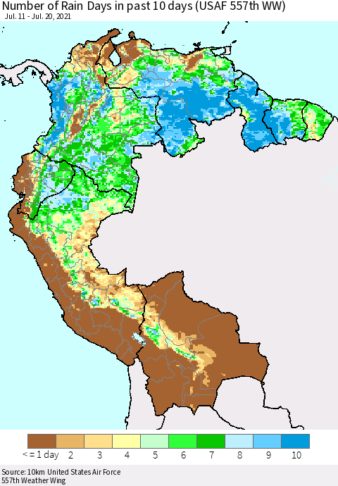 Northern South America Number of Rain Days in past 10 days (USAF 557th WW) Thematic Map For 7/16/2021 - 7/20/2021