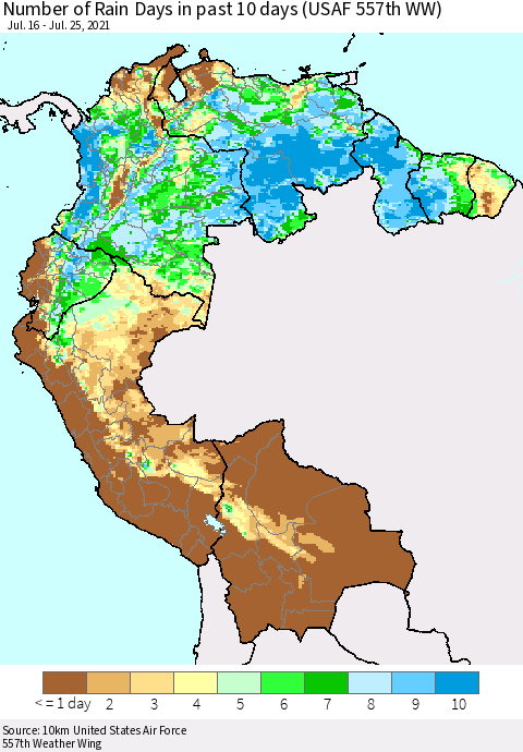 Northern South America Number of Rain Days in past 10 days (USAF 557th WW) Thematic Map For 7/21/2021 - 7/25/2021