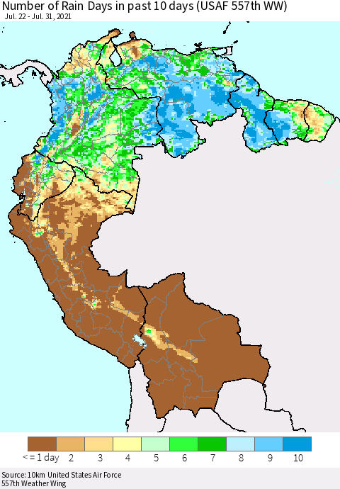 Northern South America Number of Rain Days in past 10 days (USAF 557th WW) Thematic Map For 7/26/2021 - 7/31/2021