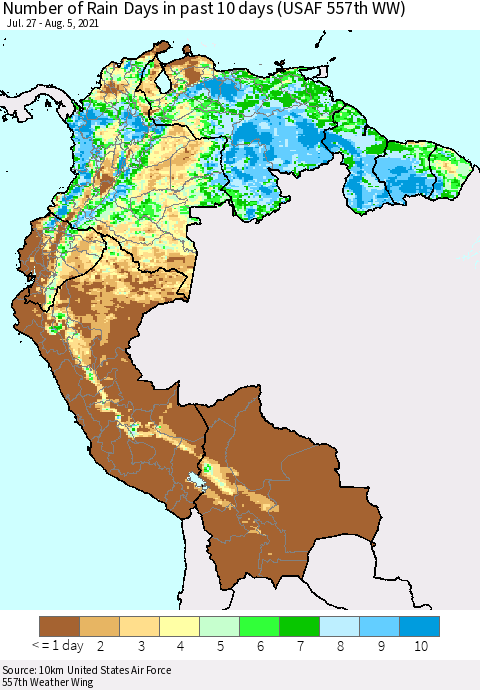 Northern South America Number of Rain Days in past 10 days (USAF 557th WW) Thematic Map For 8/1/2021 - 8/5/2021
