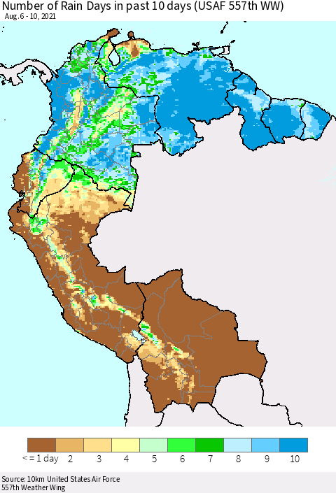 Northern South America Number of Rain Days in past 10 days (USAF 557th WW) Thematic Map For 8/6/2021 - 8/10/2021