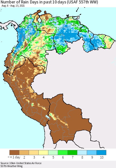 Northern South America Number of Rain Days in past 10 days (USAF 557th WW) Thematic Map For 8/11/2021 - 8/15/2021