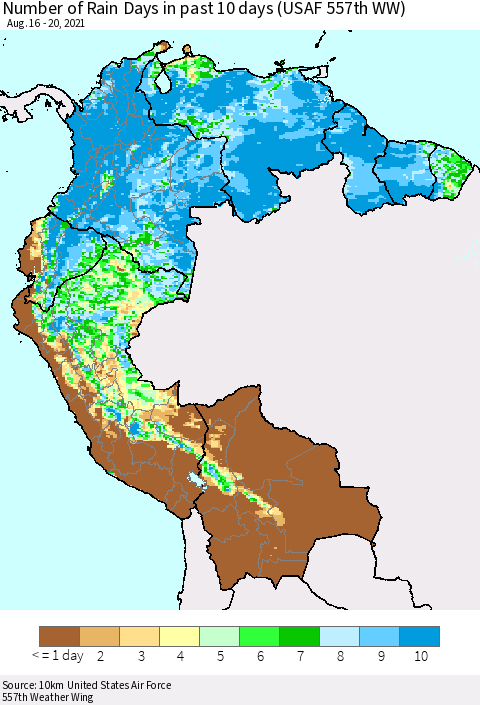 Northern South America Number of Rain Days in past 10 days (USAF 557th WW) Thematic Map For 8/16/2021 - 8/20/2021