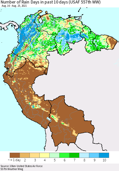 Northern South America Number of Rain Days in past 10 days (USAF 557th WW) Thematic Map For 8/21/2021 - 8/25/2021
